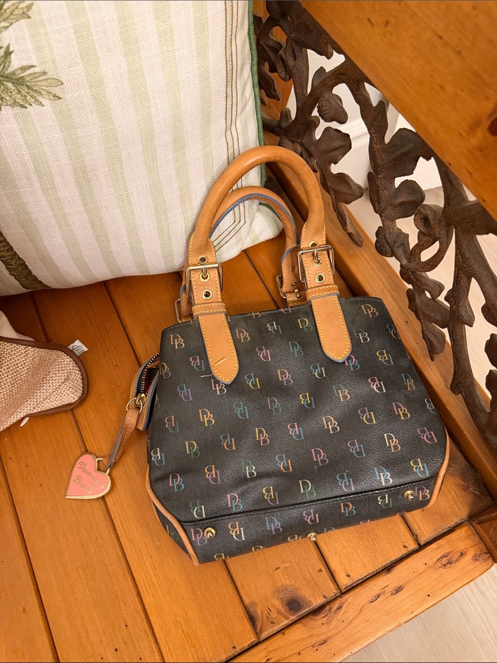 Dooney and Bourke Black Multicolor Monogram Satchel with Tan Tri